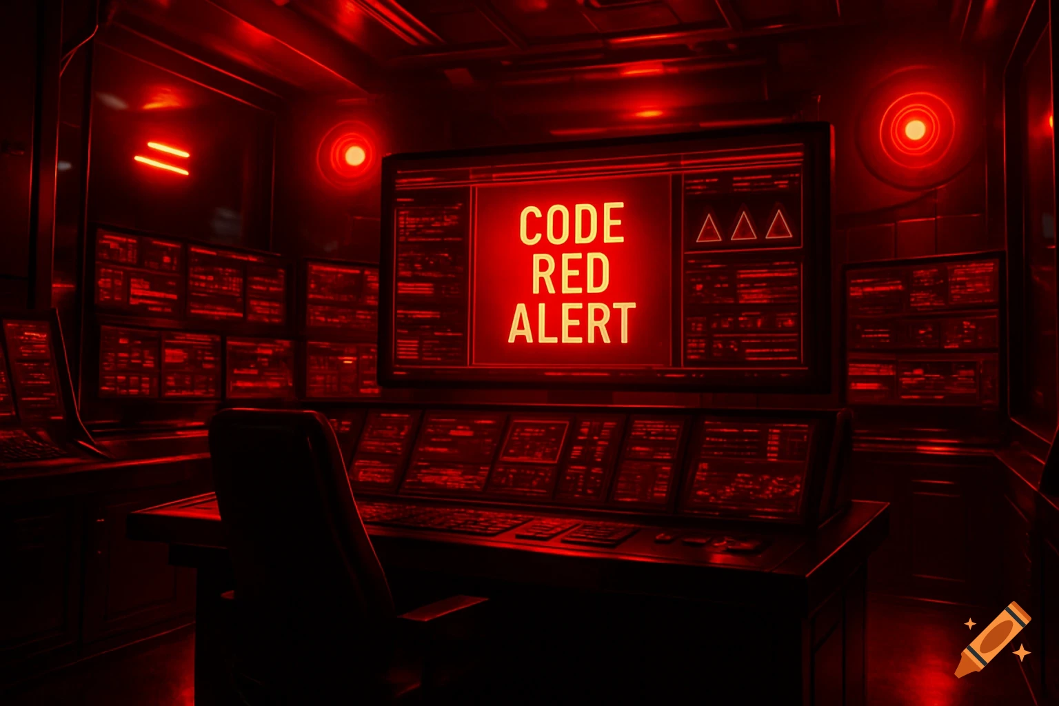 Dark, red-lit control room with a main monitor displaying 'CODE RED ALERT' and many other screens.