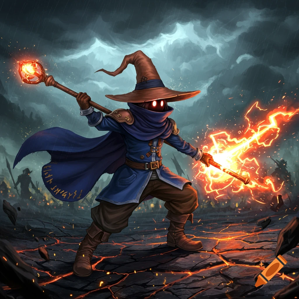 A dark wizard with a pointy hat and glowing red eyes stands in a stormy, cracked landscape, wielding a staff that casts bright orange lightning.