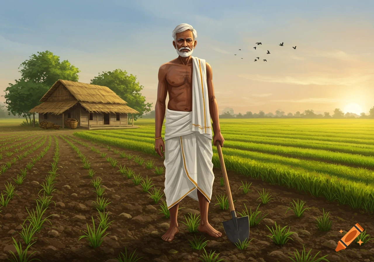 An illustration of an elderly Indian farmer holding a spade in a field with a small house and trees, under a sunset sky.