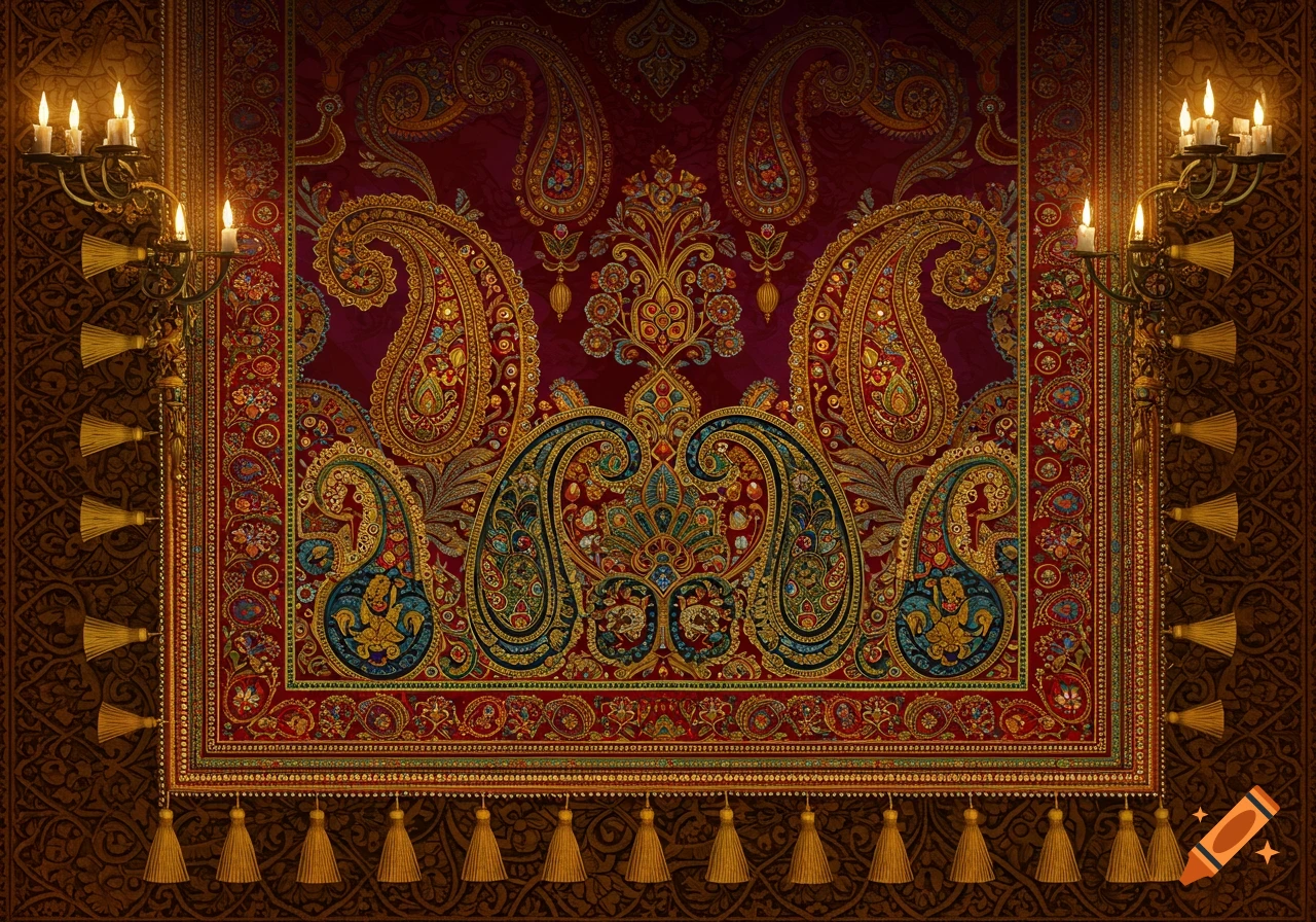 A richly embroidered red and gold Indian traditional fabric with intricate paisley patterns, flanked by ornate brass candelabras with lit candles.