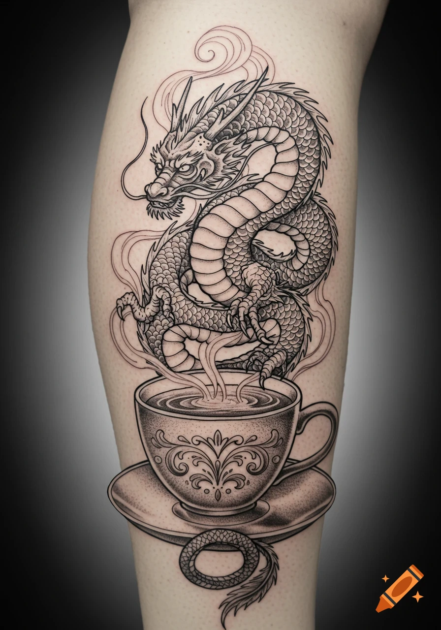 Illustrative black and grey tattoo of a dragon rising from a coffee cup on a calf.