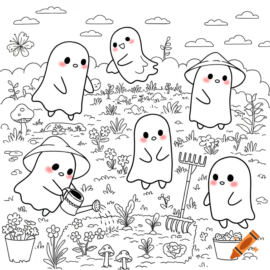 A black and white kawaii doodle art coloring book page showing cute ghosts gardening in a whimsical garden with flowers, mushrooms, and gardening tools.