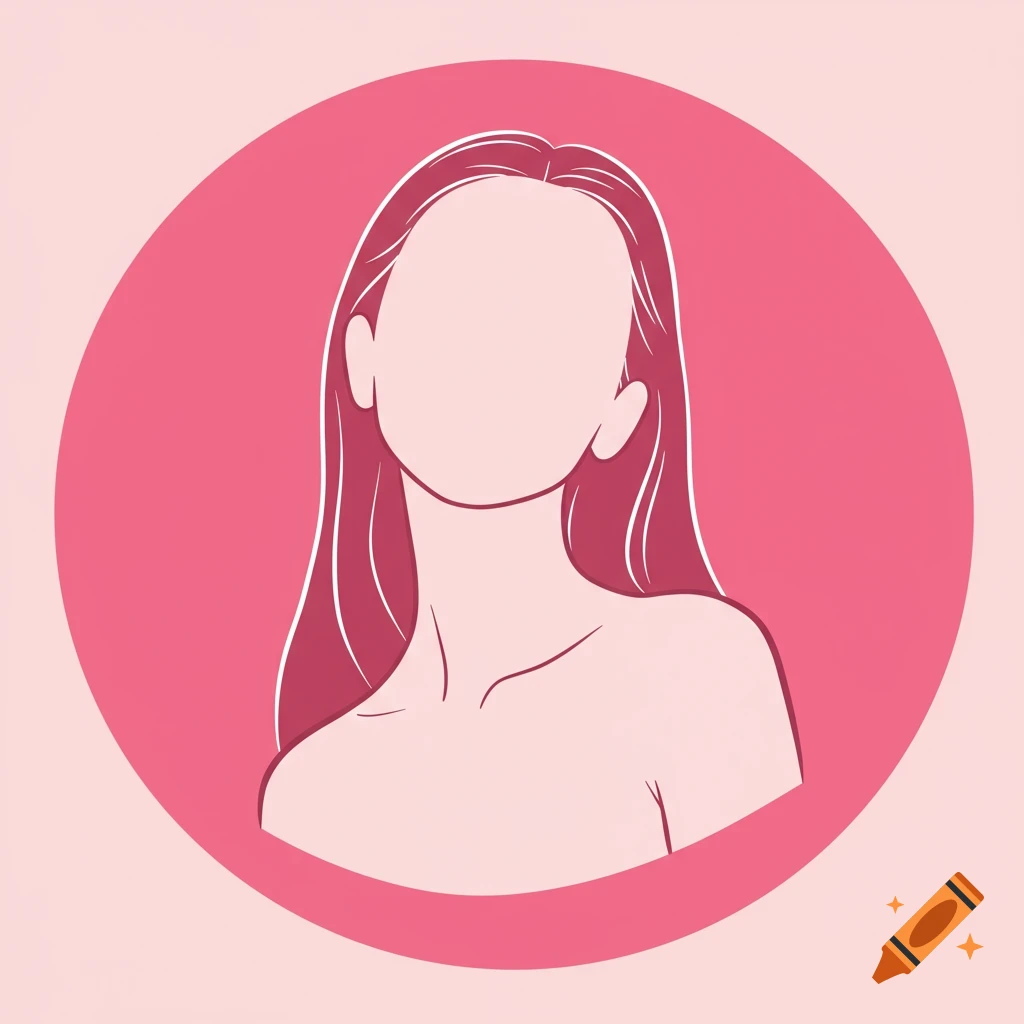 A minimalist cartoon illustration of a faceless woman with long hair and bare shoulders, set against a pink circle background.