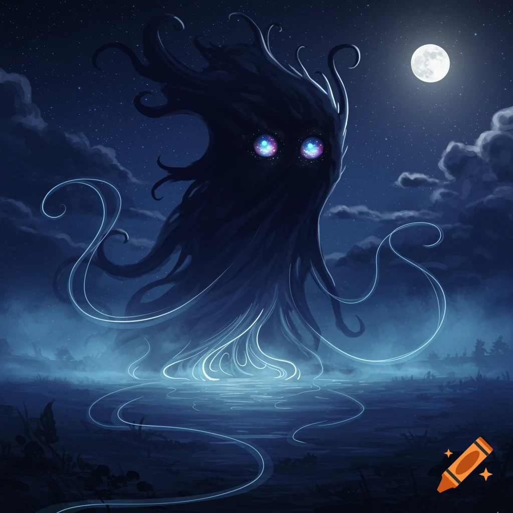 A dark, shadowy monster with glowing, colorful eyes and glowing blue tendrils floats over a misty lake at night under a full moon, digital art style.