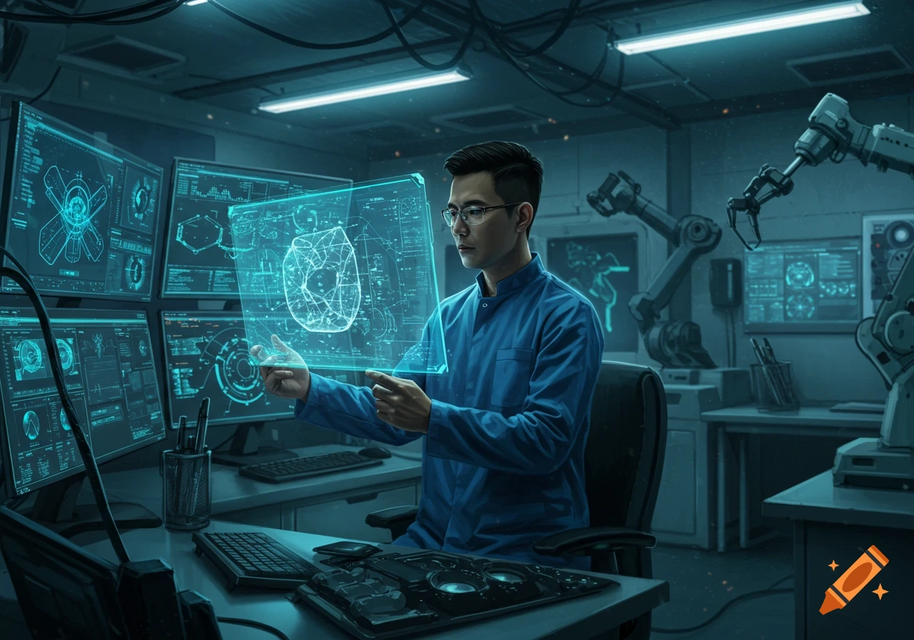A man in a lab coat interacts with a holographic display in a futuristic control room with multiple monitors and robotic arms.