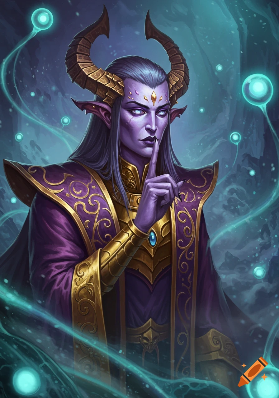 A purple-skinned fantasy character with horns and long hair makes a shush gesture, wearing elaborate purple and gold robes with glowing magic orbs in the background.