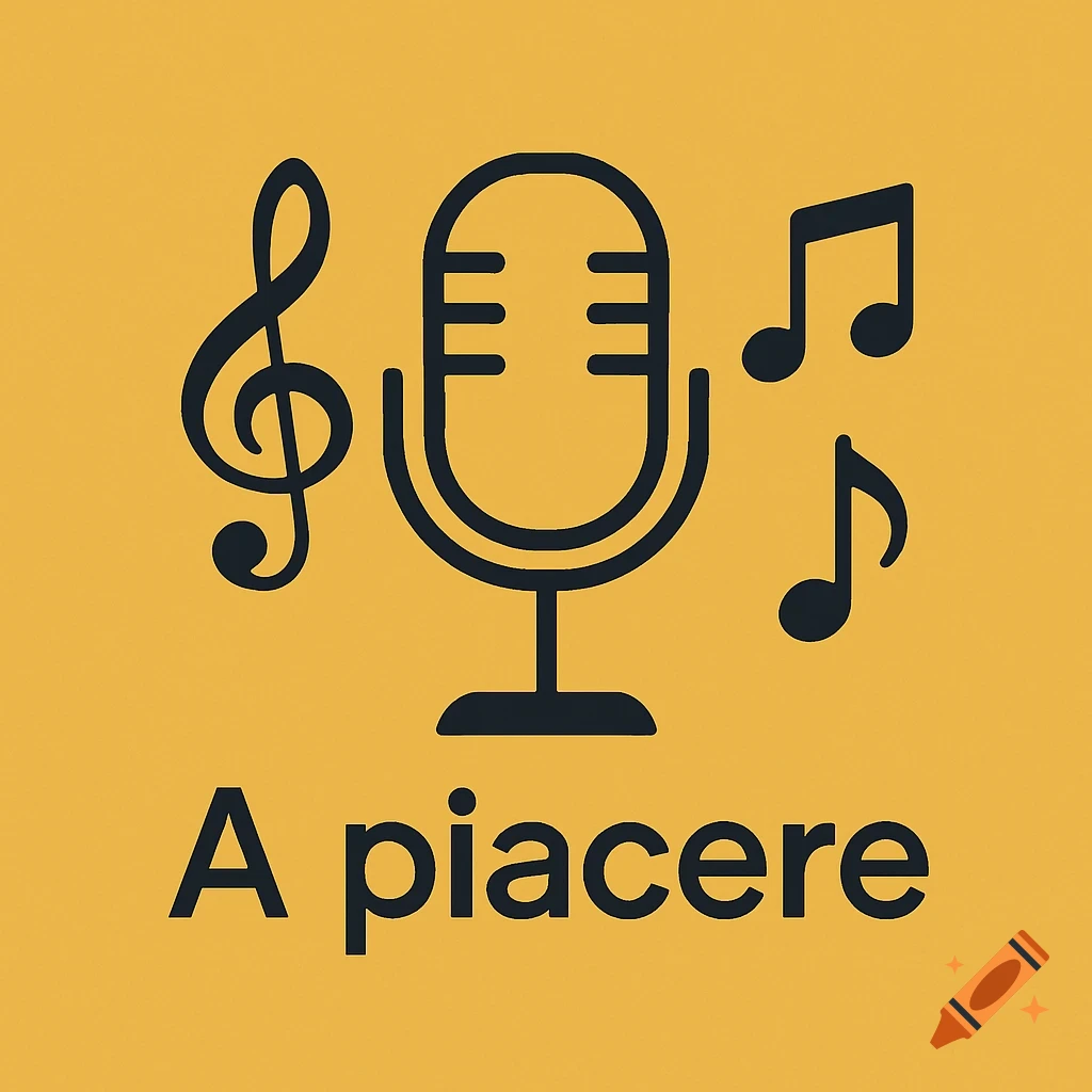 A minimalist logo featuring a black microphone icon, a treble clef, and two musical notes on a mustard yellow background, with the text 'A piacere' below.