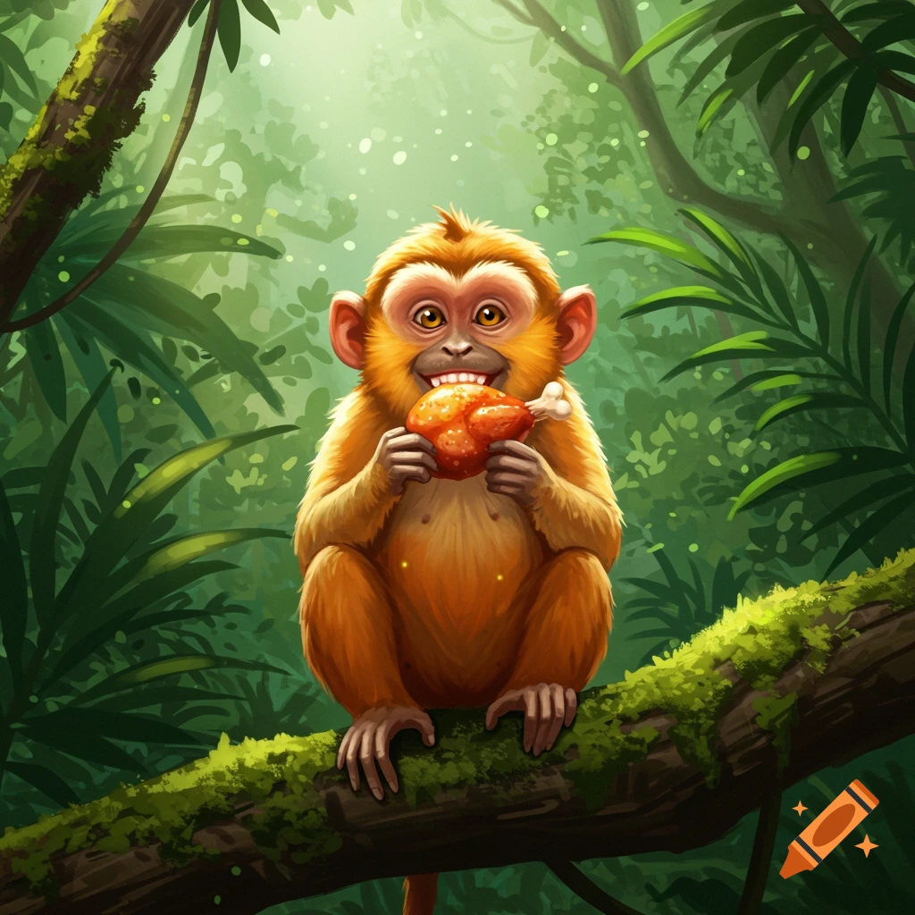 A cartoon monkey eating a chicken leg while sitting on a tree branch in a vibrant jungle.