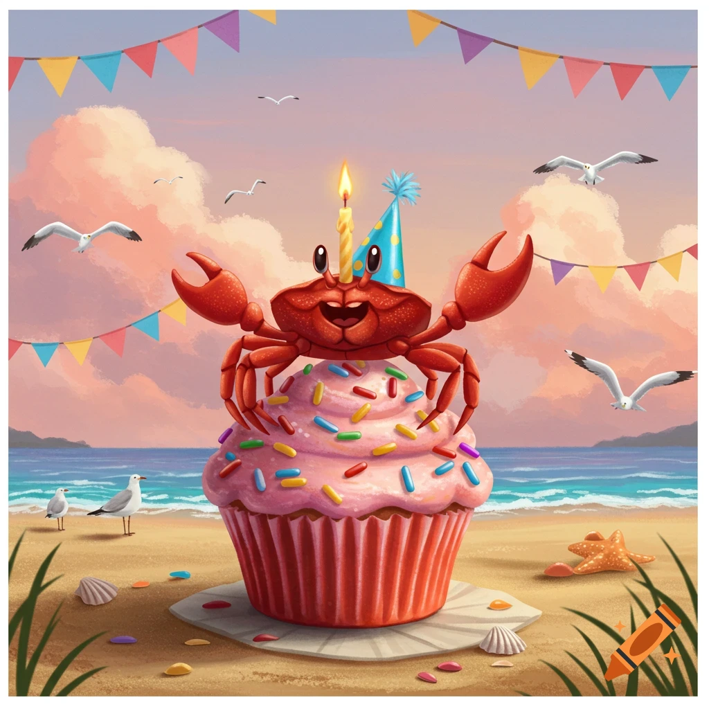 A happy red cartoon crab wearing a party hat with a candle sits atop a pink cupcake with colorful sprinkles on a beach with seagulls and party flags against a sunset sky.