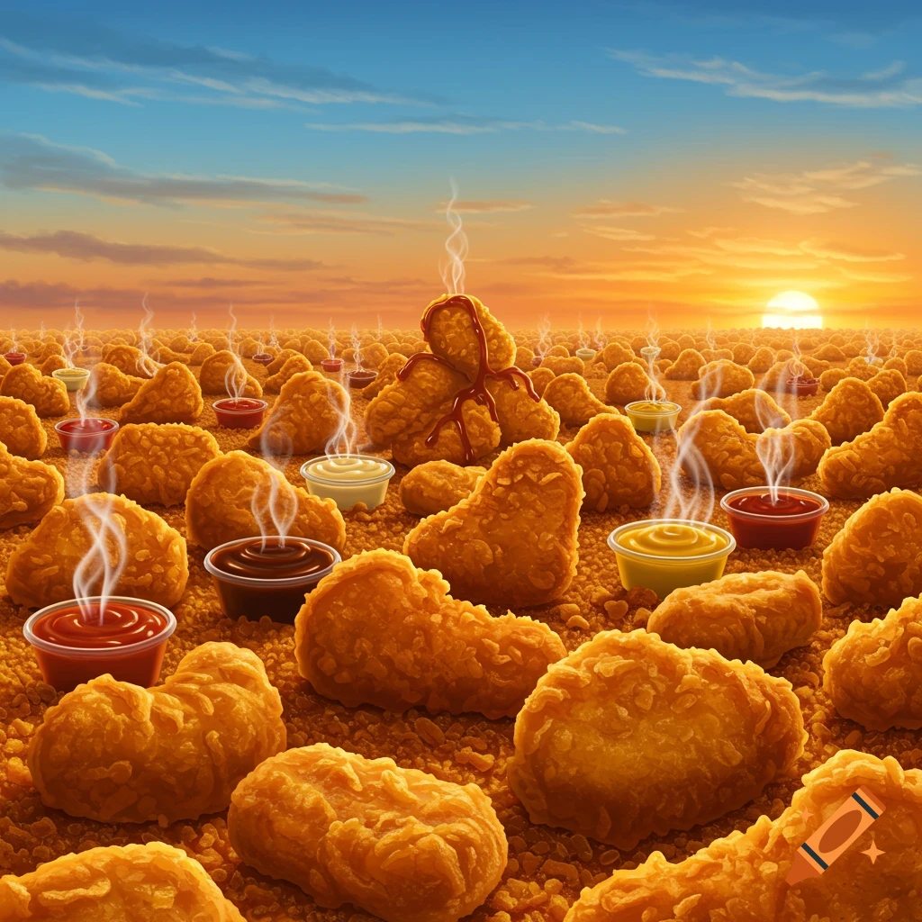 A vast field of golden-brown chicken nuggets stretches to the horizon under a sunset sky, with many small cups of dipping sauce scattered among them, some steaming.