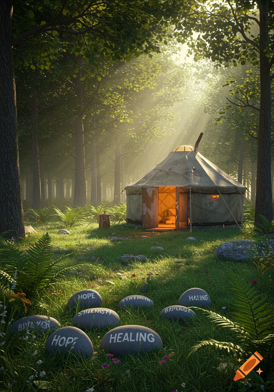 A luminous forest scene featuring a cozy yurt tent bathed in sunlight, surrounded by ferns and rocks with words like 'HOPE' and 'HEALING' inscribed on them.