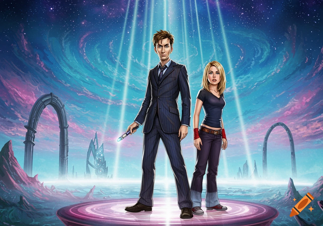 An illustration of a man in a pinstripe suit holding a sonic screwdriver and a woman in a casual top and jeans standing on a platform in an alien landscape with a cosmic sky.