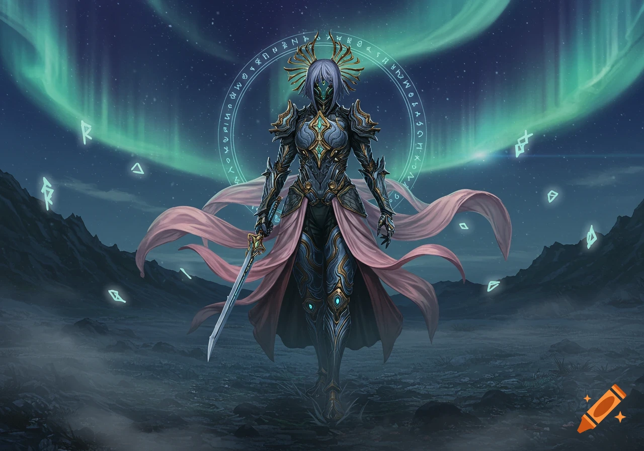 A heavily armored, futuristic fantasy warrior with a sword and glowing mystical symbols in a dark, atmospheric landscape under a night sky with aurora borealis.