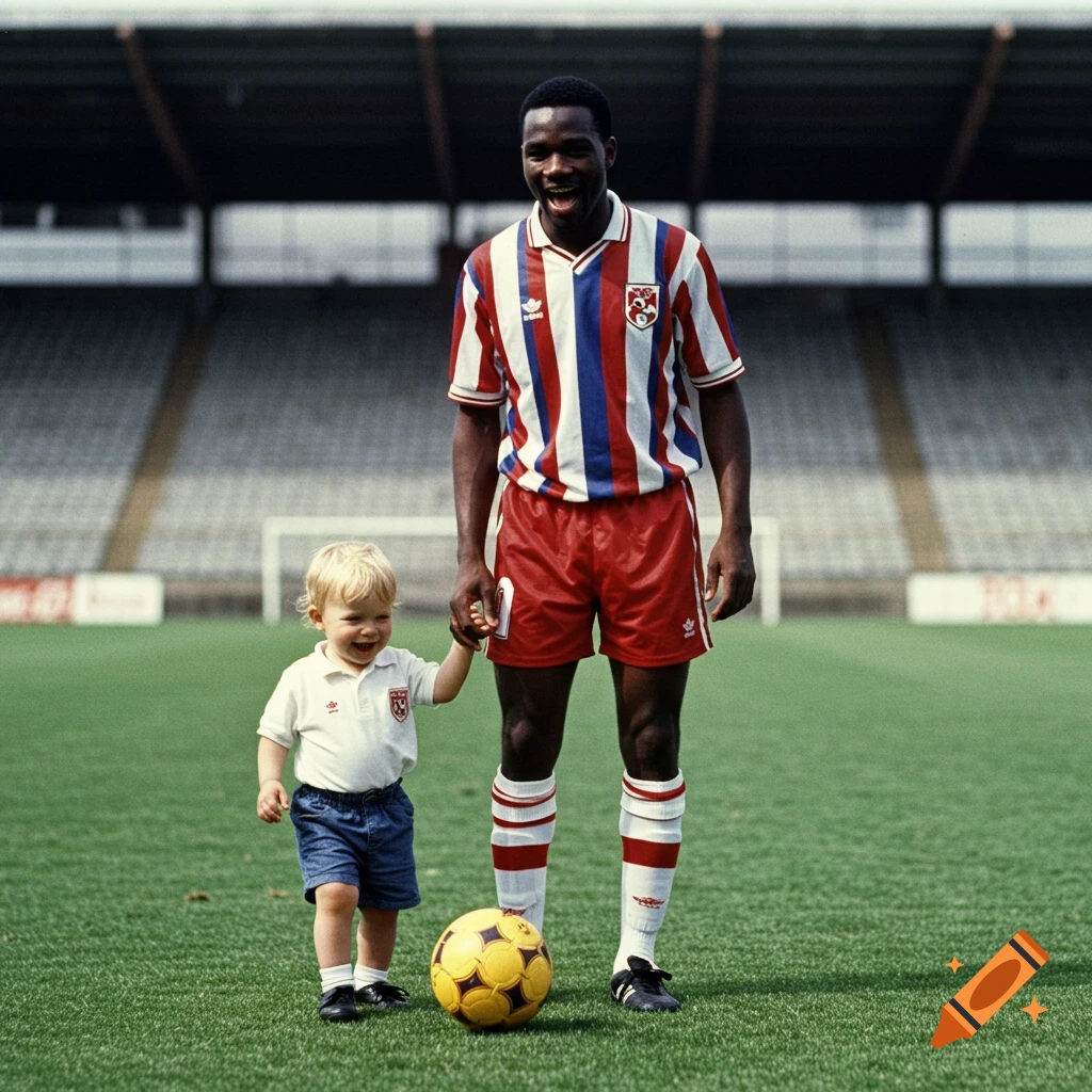 A smiling Black soccer player in a red, white, and blue striped uniform holds hands with a happy blonde toddler on a soccer field, with a yellow soccer ball nearby.