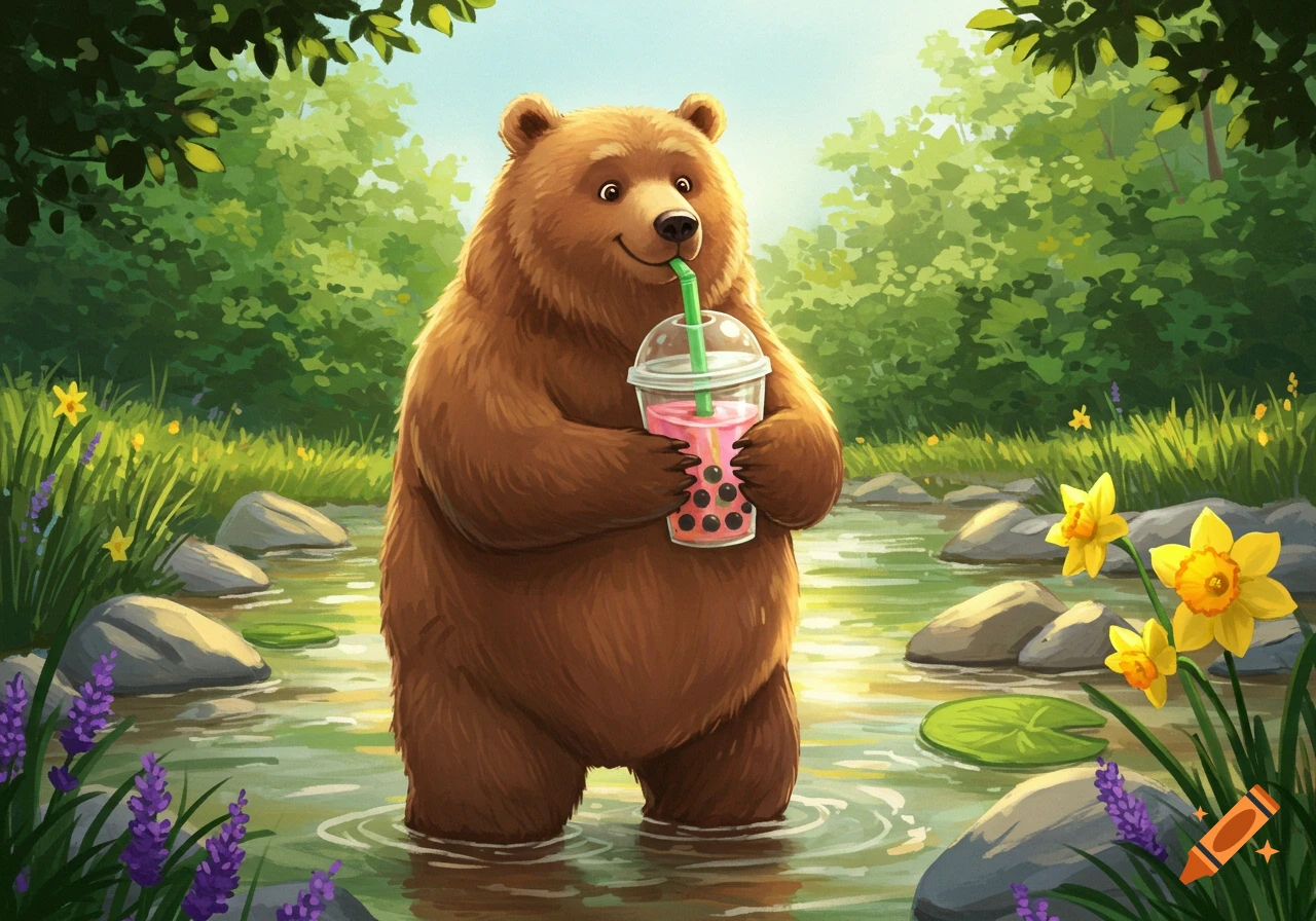 A brown cartoon bear stands in a river, happily drinking pink boba tea with a green straw in a lush forest scene.