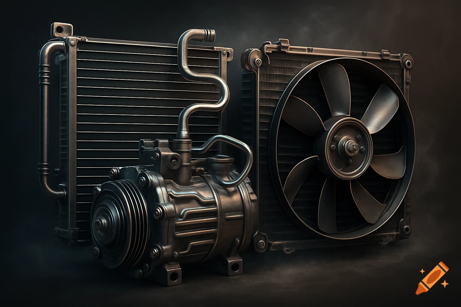Photorealistic image of a car compressor, radiator, and fan on a dark background.