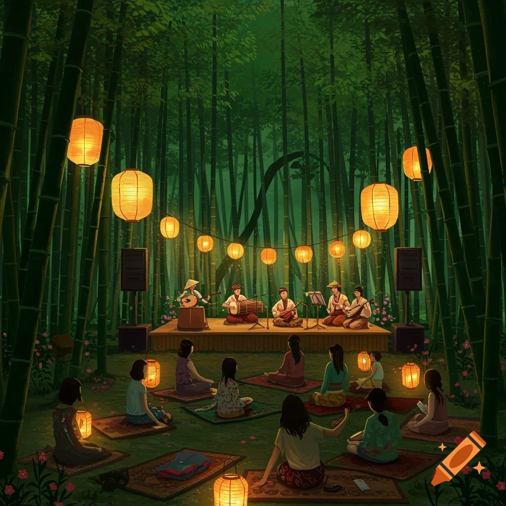 Illustrated scene of musicians performing in a bamboo forest at night, illuminated by lanterns, with an audience seated on mats.