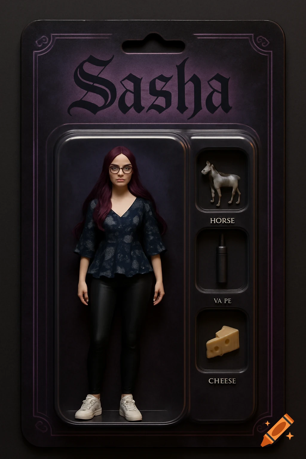 Photorealistic action figure of Sasha in packaging with accessories: a horse, vape, and cheese.