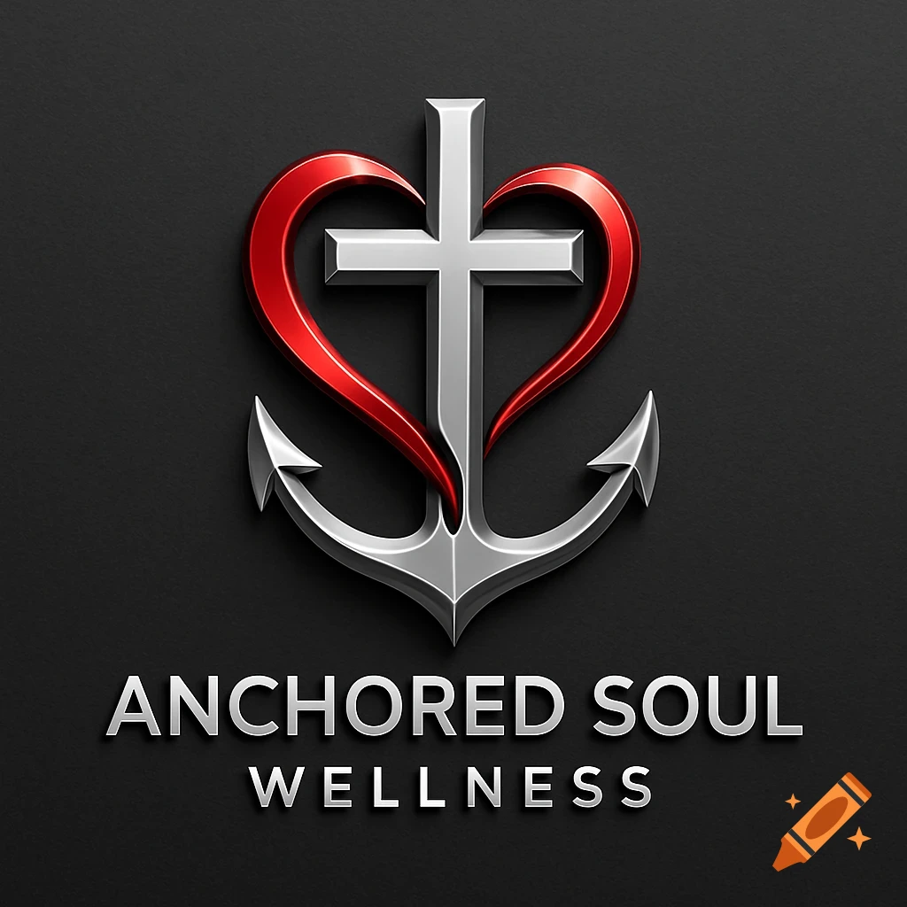A metallic silver cross inside a glossy red heart above a silver anchor, with 'ANCHORED SOUL WELLNESS' text below.