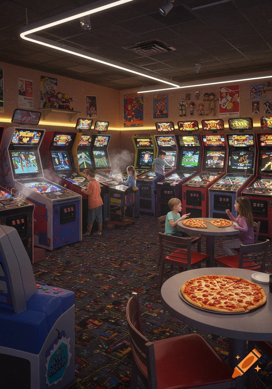 A bustling 90s arcade with various game machines and several children playing or eating pizza at tables.