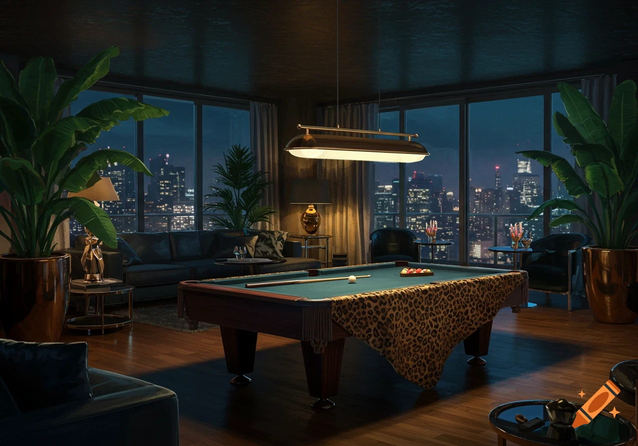 A luxurious 80s penthouse interior at night, featuring a pool table with leopard print cloth, large plants, and a city skyline view.