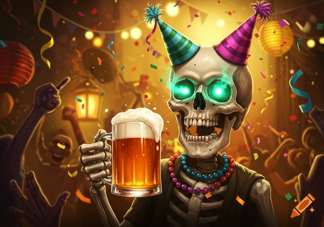 Cartoonish skeleton with glowing green eyes and party hats holding a mug of beer amidst colorful confetti at a vibrant party.