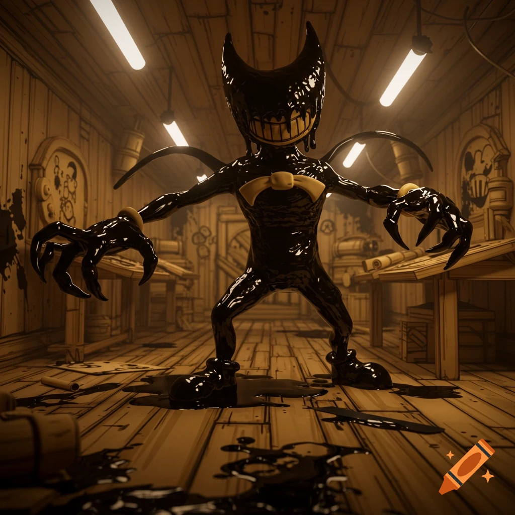 A 3D render of the Ink Demon from Bendy and the Ink Machine, standing menacingly in a dimly lit, ink-splattered workshop hallway.