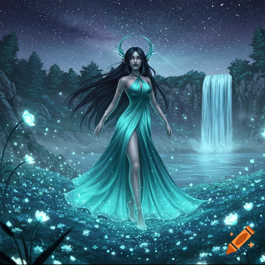A fantasy maiden with long black hair, pointed ears, and a glowing teal dress stands in a magical forest with glowing flowers and a waterfall under a starry night sky.