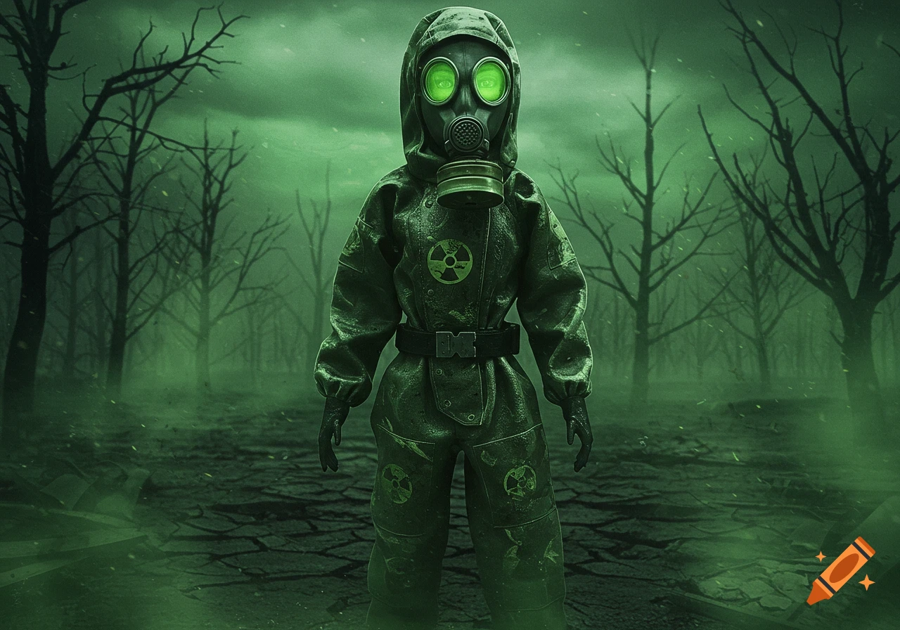 A figure in a green hazmat suit and gas mask stands in a dark, misty, green-hued forest with bare trees.