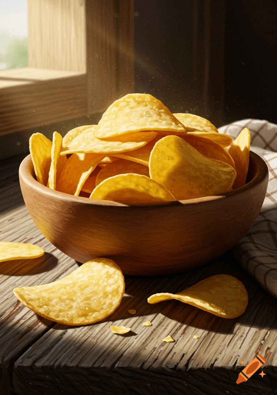 A wooden bowl filled with golden potato chips sits on a rustic wooden table with scattered chips, illuminated by sunlight from a window.