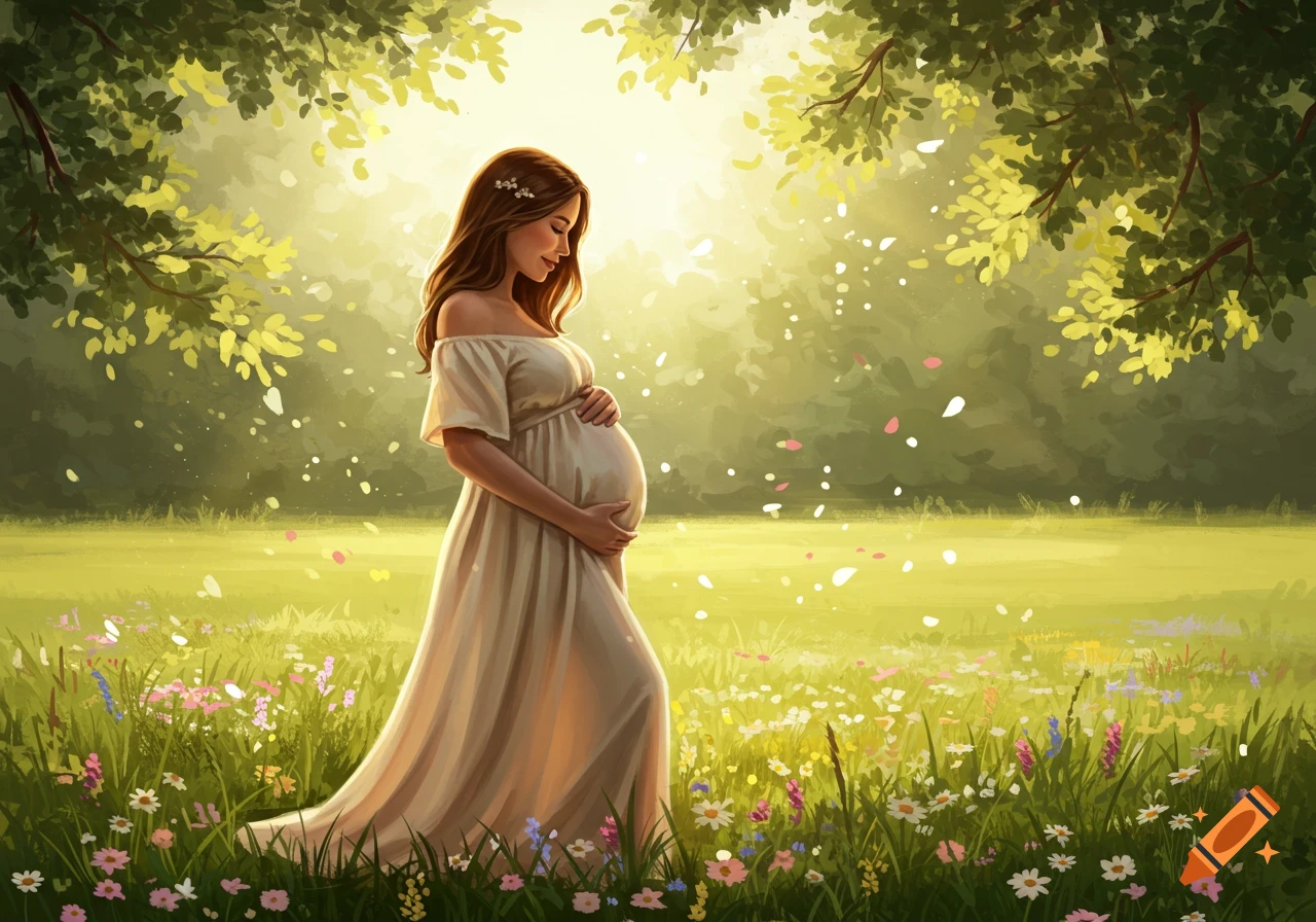 Stylized illustration of a pregnant woman holding her belly in a sunlit field with trees and flowers.