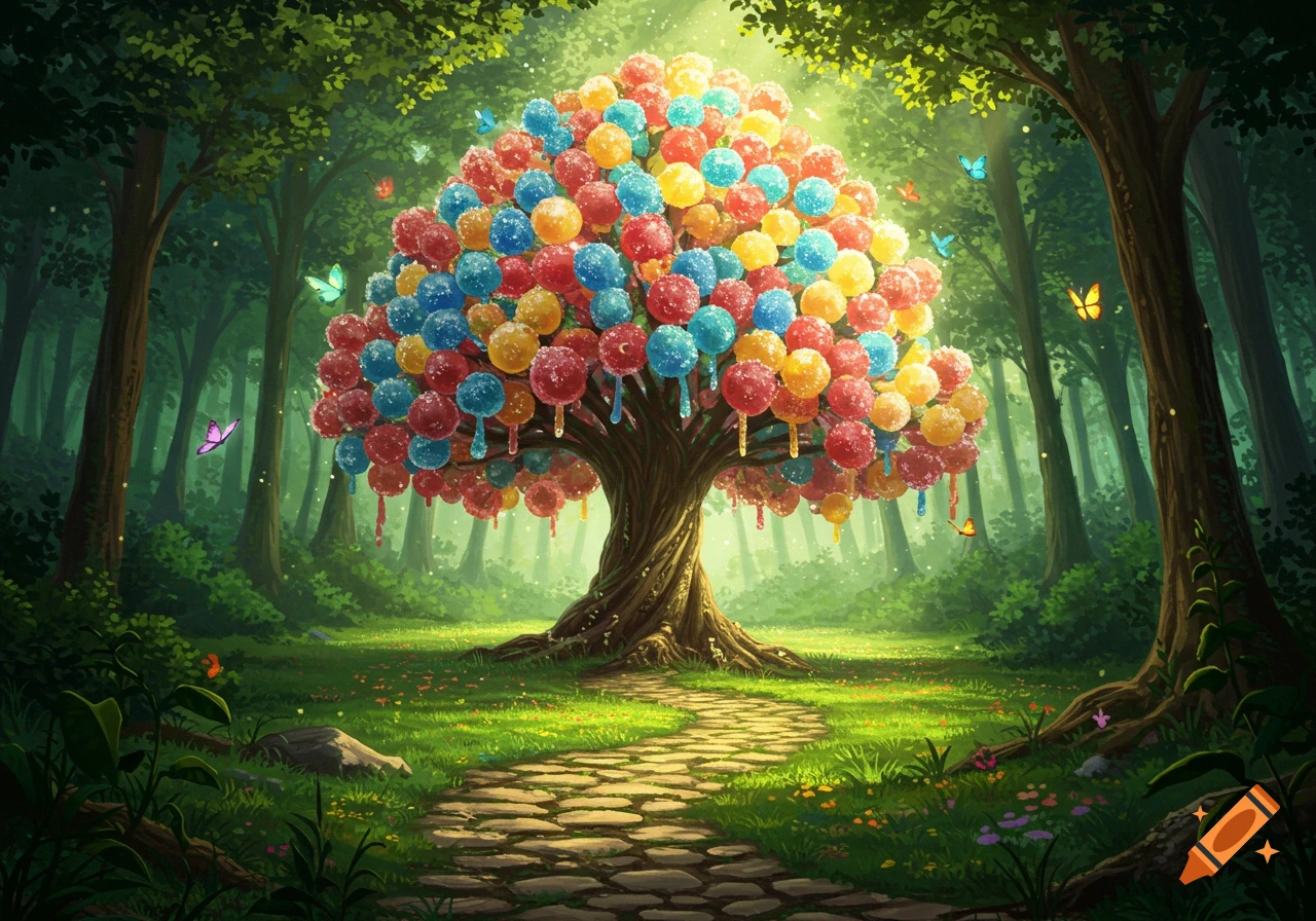 A magical forest scene with a winding stone path leading to a vibrant tree covered in colorful jellybeans and lollipops, with butterflies.