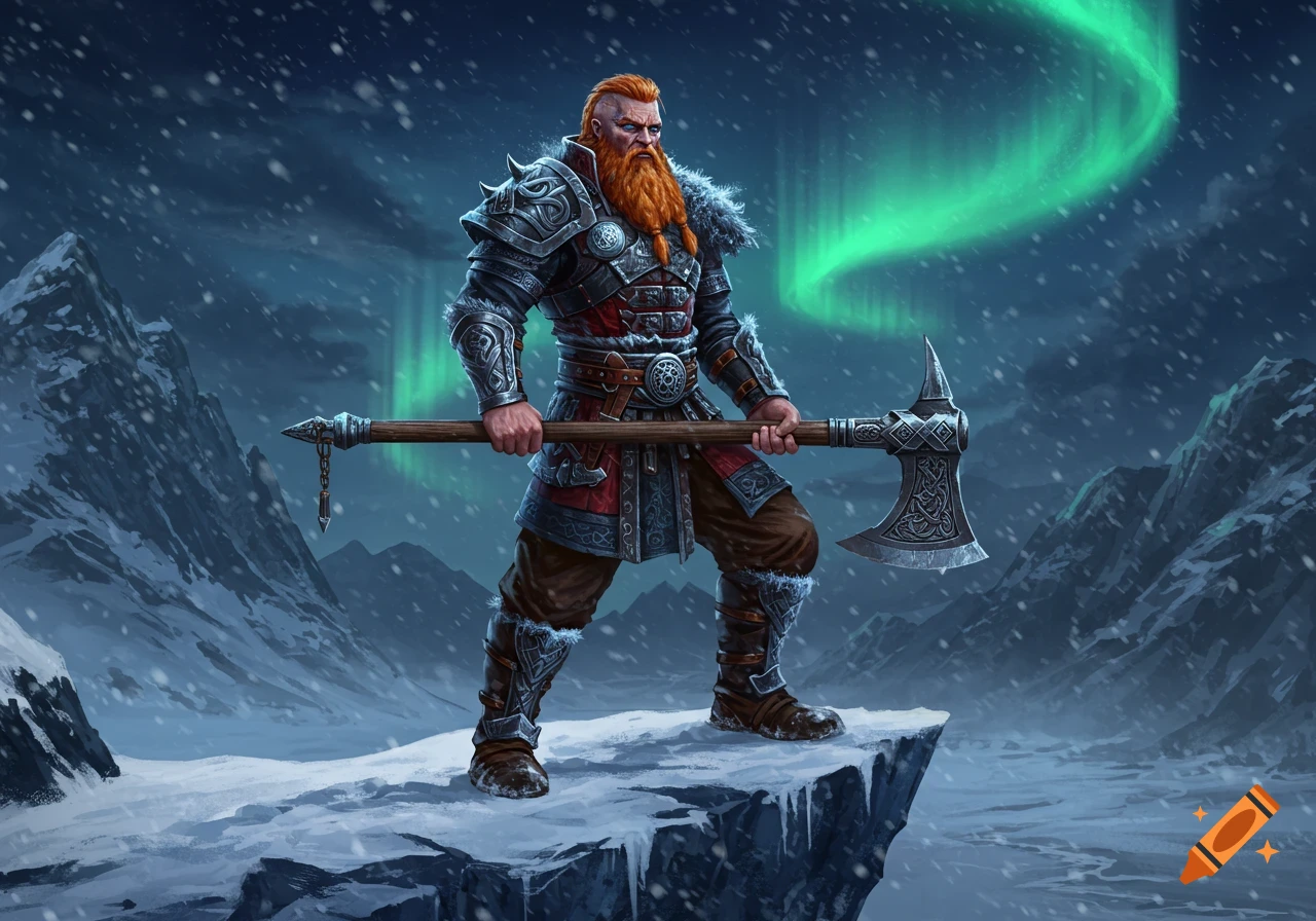 A fierce Viking warrior with a reddish beard and battle axe stands on a snowy mountain under the Northern Lights.