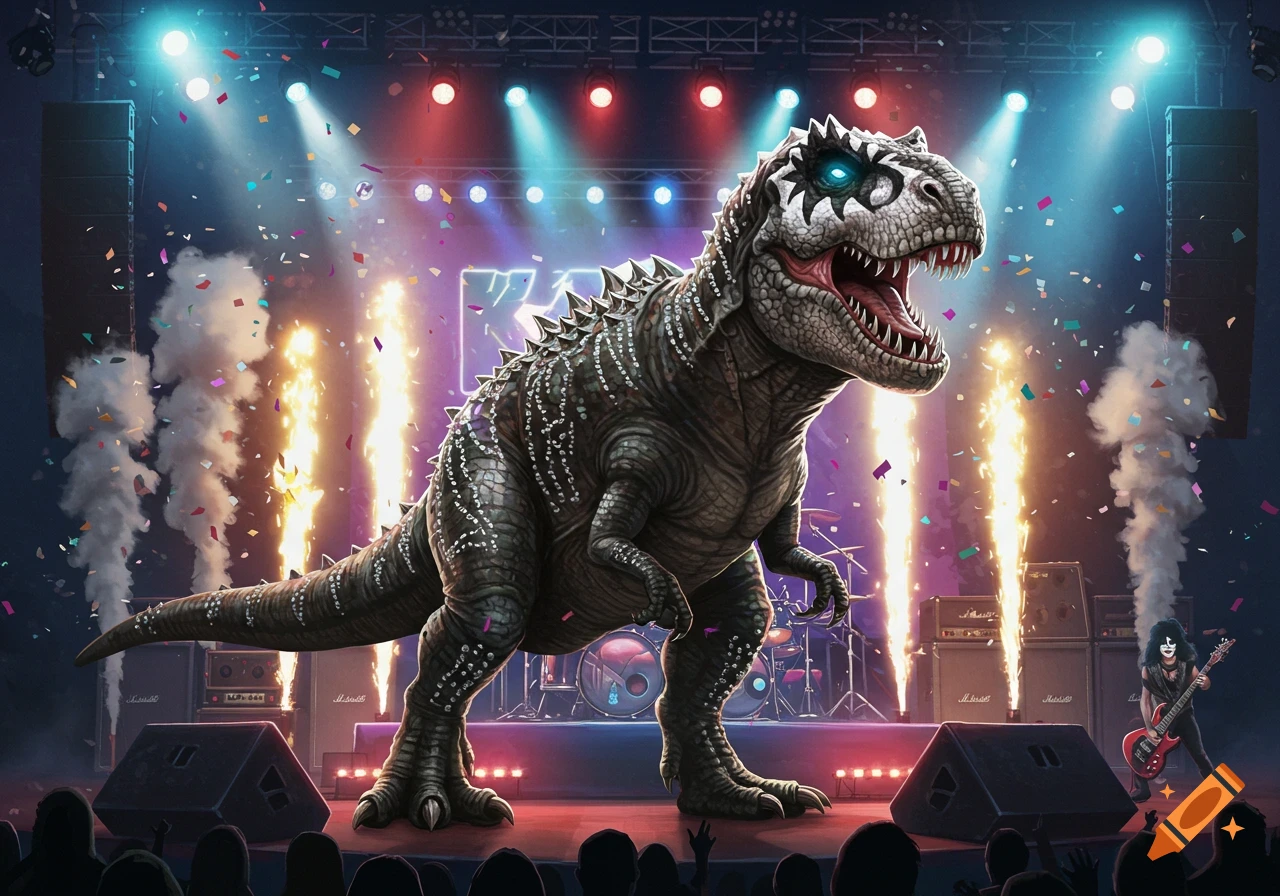 A T-Rex with Kiss makeup on a concert stage with a guitarist and pyrotechnics.