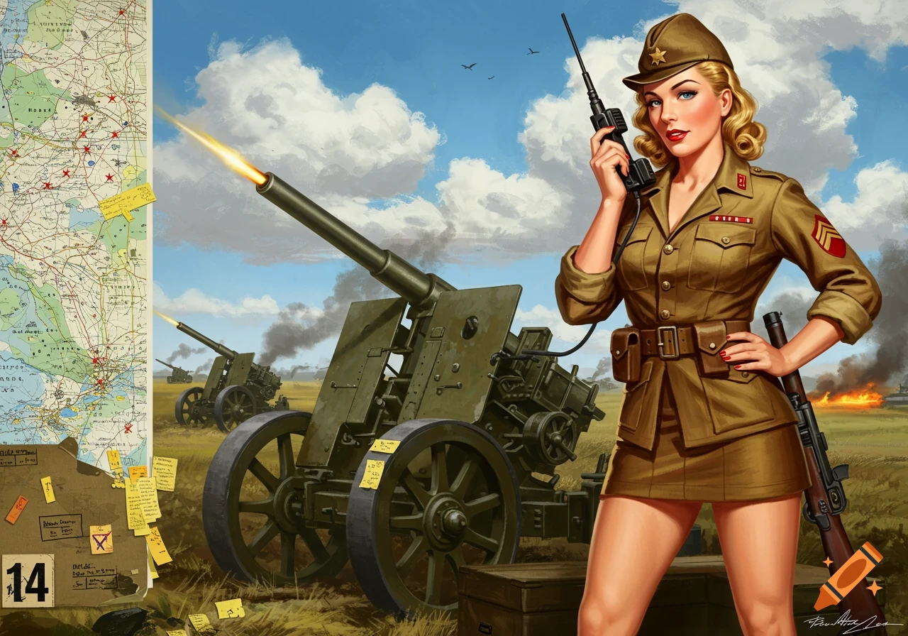 A pin-up style woman in a military uniform holds a radio next to artillery guns firing in a battlefield scene. A map and notes are on the left.
