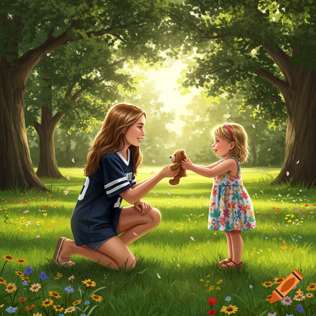 A woman hands a teddy bear to a little girl in a sunny, wildflower-filled park with large trees, in a stylized illustration.