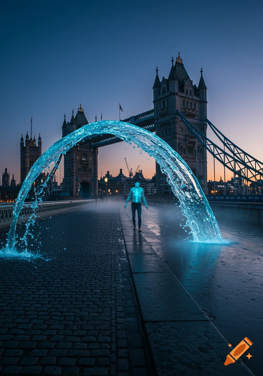 A person with glowing blue water flowing from their torso walks on London's Tower Bridge at twilight.
