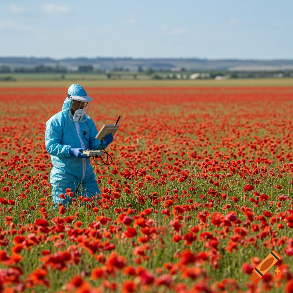 A person in a blue biohazard suit kneels in a vibrant red poppy field, operating beige equipment.