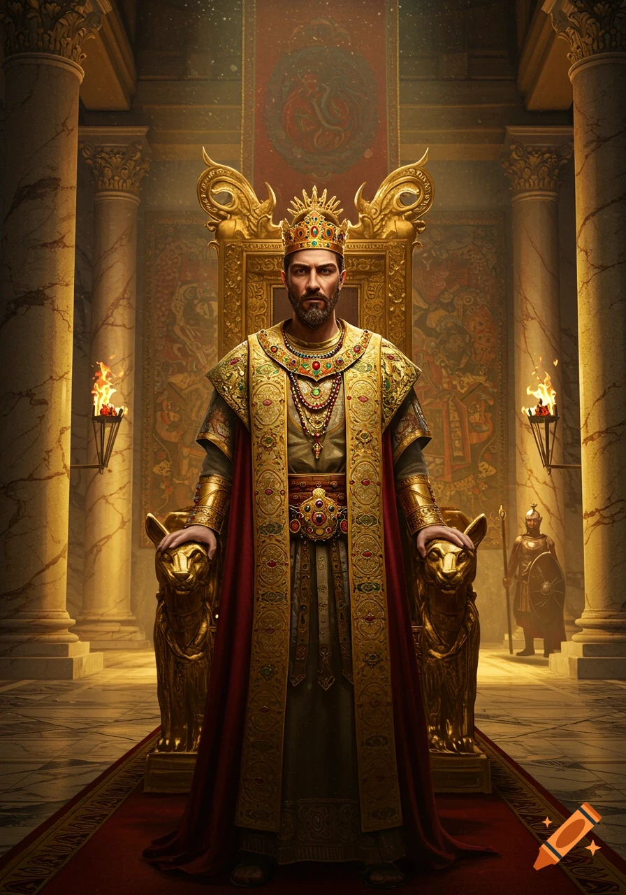 A majestic king in gold and red robes and a jeweled crown stands in a grand, ornate throne room with golden pillars.