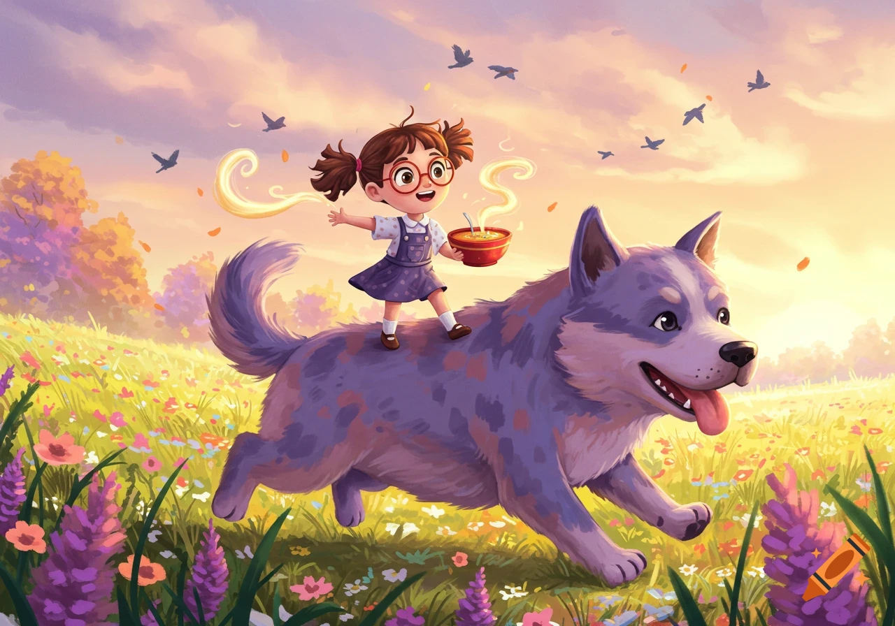 A cheerful girl with pigtails and glasses rides a happy purple dog through a vibrant field of flowers, holding a bowl of steaming soup. Cartoon style.