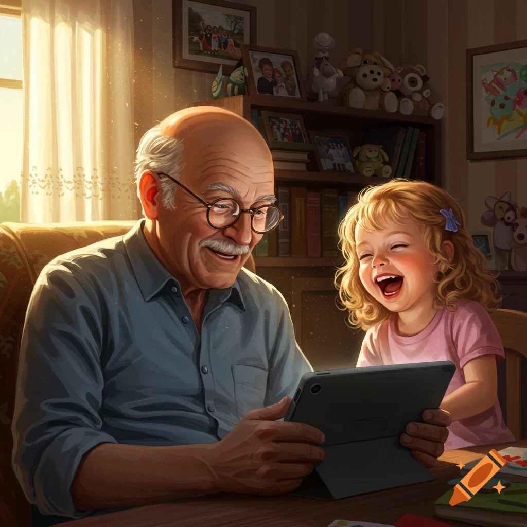 A smiling grandfather and laughing granddaughter look at a tablet together in a sunlit room filled with family photos and toys.