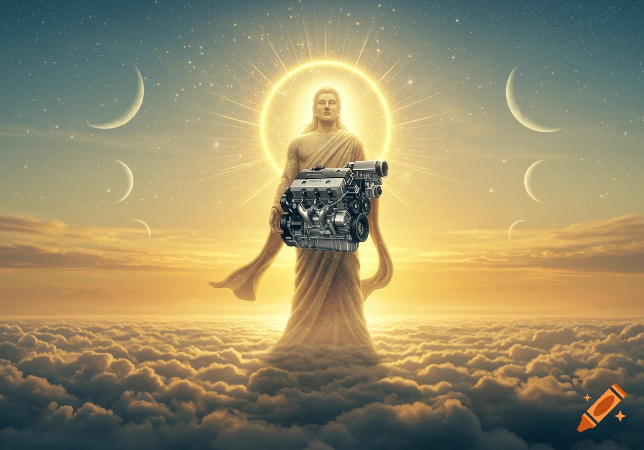 A divine figure stands in the clouds with a halo of light, holding a Honda K20 engine, set against a sky with crescent moons.