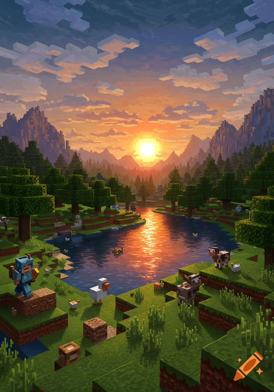 A pixelated Minecraft-style landscape at sunset with a lake reflecting the sun, mountains, trees, blocky animals, and a character.