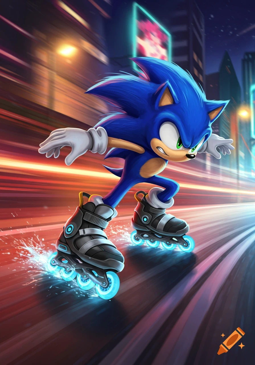 Sonic the Hedgehog rapidly inline skates down a vibrant, blur-streaked night city street.