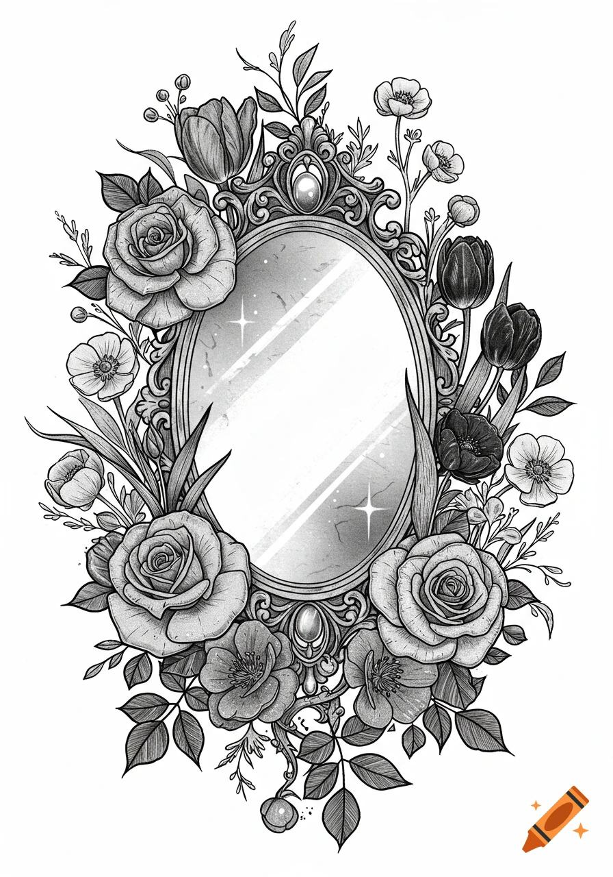 Detailed black and white illustration of an ornate oval mirror frame surrounded by lush roses, tulips, and other flowers with leaves and vines, in a gothic tattoo style.