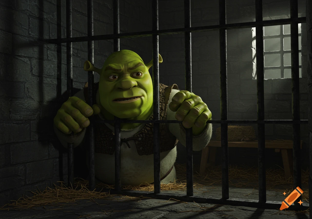 Shrek, the green ogre, looking out from behind metal jail bars in a dimly lit stone cell, with a small window and straw on the floor.