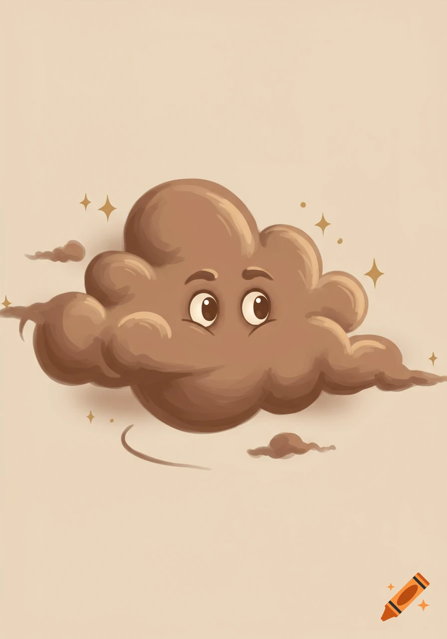 A cute, cartoon brown cloud with big eyes floats on a light beige background with small stars and wisps around it.