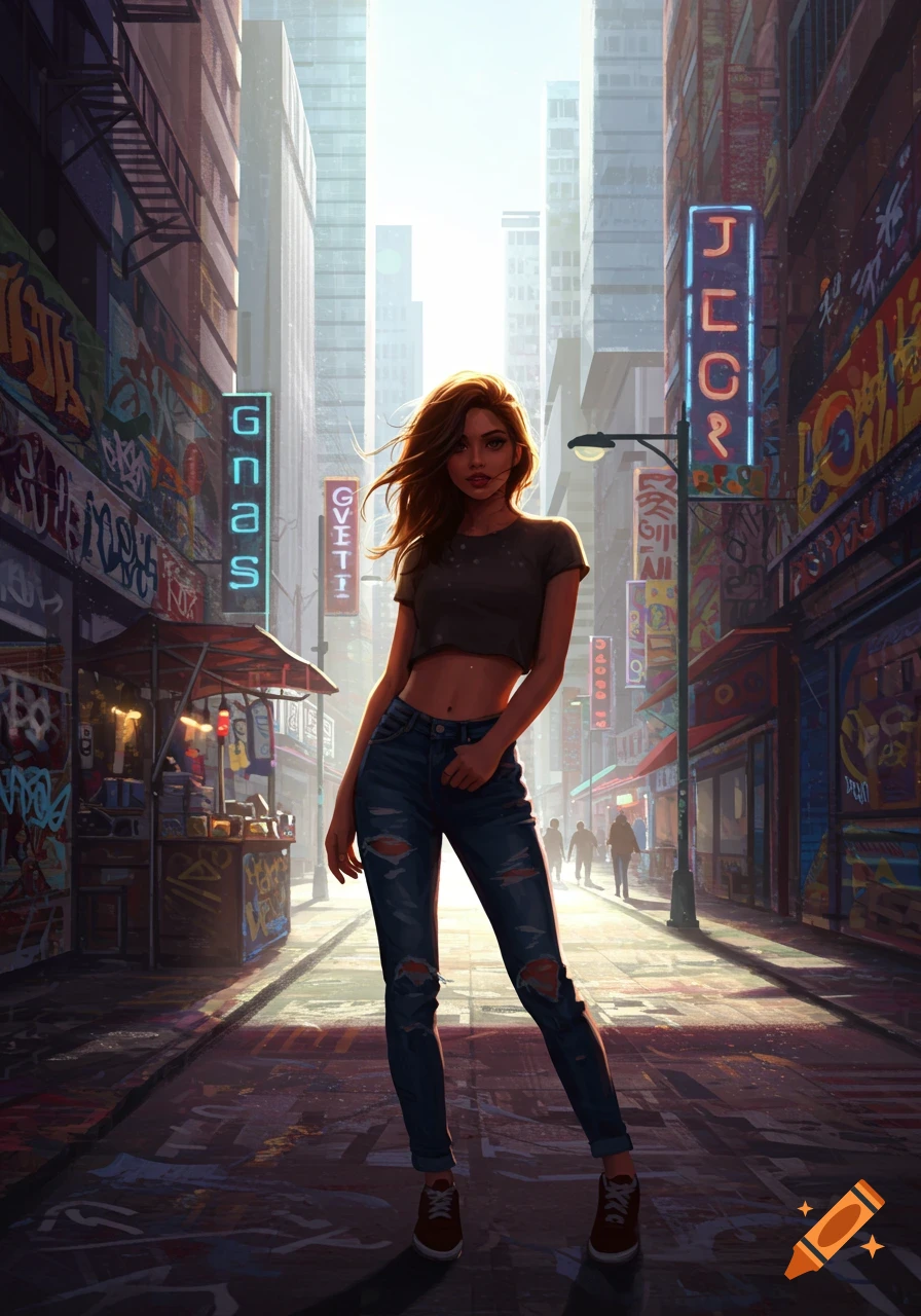 Stylized illustration of a young woman in a crop top and ripped jeans standing on a city street with neon signs and graffiti.