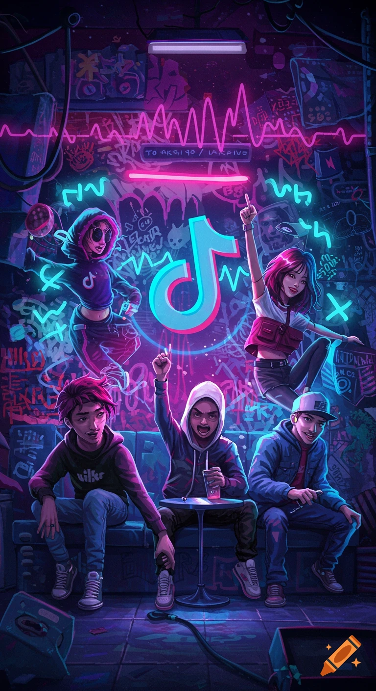 Five young people in a vibrant, neon-lit, graffiti-covered urban setting with a large glowing TikTok logo in the center.