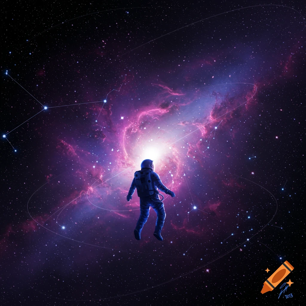 An astronaut floats in deep space with a vibrant pink and purple nebula and constellations behind them.